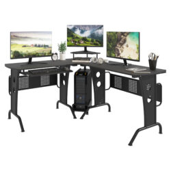 HOMCOM L-Shaped Corner Work Desk Gaming Office w/ Steel Frame CPU Rack Keyboard Tray Space-Saving Melamine Coating Computer, Black Aosom UK