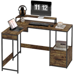 HOMCOM L Shaped Desk, Computer Desk with Liftable Desktop, Drawer for A4/Letter Size, Monitor Stand for Home Office, Rustic Brown