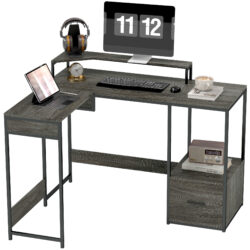 HOMCOM L Shaped Desk, Computer Desk with Liftable Desktop, Industrial Corner Desk with Drawer for A4/Letter Size for Home Office, Charcoal Grey