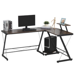 HOMCOM L Shaped Office Desk Round Corner Gaming Table Workstation with Storage Shelf, CPU Stand for Home Office Aosom UK
