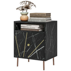 HOMCOM Marble Effect Bedside Table, Modern Side Table with Drawer, Open Shelf and Gold Tone Metal Legs for Bedroom, Living Room, Black Aosom UK