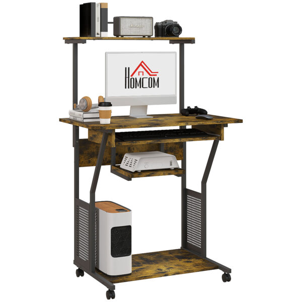 HOMCOM Mobile Computer Desk w/ Keyboard Tray, Rolling Study Table w/ Storage Shelves & Wheels, Writing Desk for Home Office, Rustic Brown Aosom UK