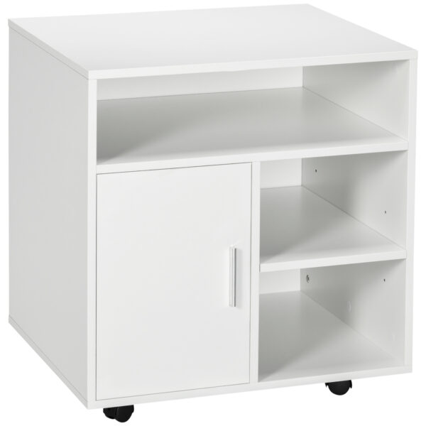 HOMCOM Mobile Printer Stand with Multiple Storage, Office Desk Side Unit on Wheels, Modern Design, 60L x 50W x 65.5H cm, White Aosom UK