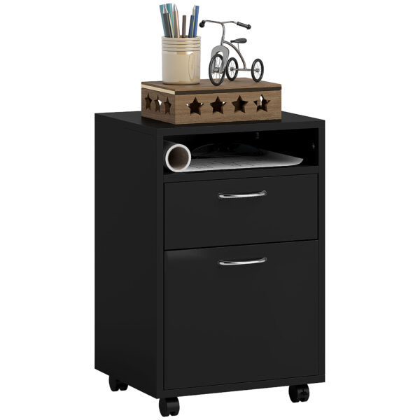 HOMCOM Mobile Storage Cabinet: Office Home Organiser with Drawer, Open Shelf, Metal Handles, 4 Wheels, Black Aosom UK