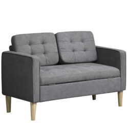 HOMCOM Modern 2 Seater Sofa with Hidden Storage, 117cm Tufted Cotton Couch, Compact Loveseat Sofa with Wood Legs, Grey