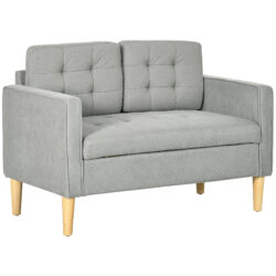 HOMCOM Modern 2 Seater Sofa with Hidden Storage, 117cm Tufted Cotton Couch, Compact Loveseat Sofa with Wood Legs, Light Grey