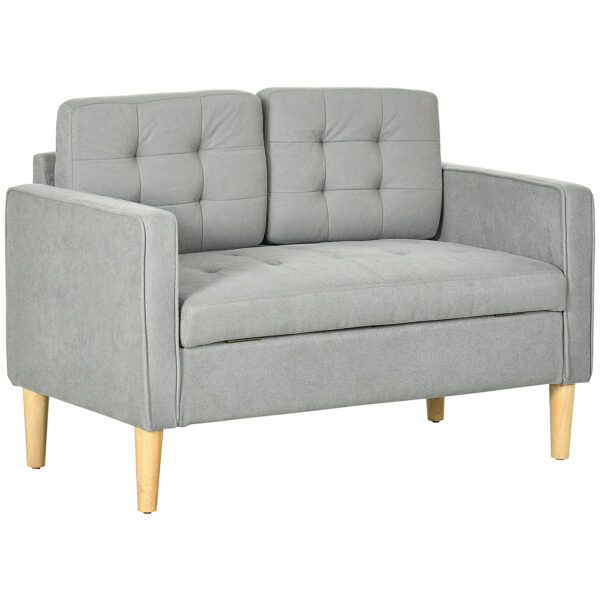 HOMCOM Modern 2 Seater Sofa with Hidden Storage, 117cm Tufted Cotton Couch, Compact Loveseat Sofa with Wood Legs, Light Grey