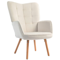 HOMCOM Modern Accent Chair Velvet-Touch Tufted Wingback Armchair Upholstered Leisure Lounge Sofa Club Chair with Wood Legs, Cream White Aosom UK