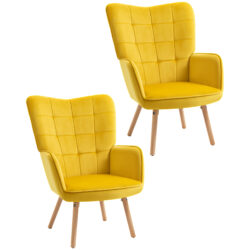 HOMCOM Modern Accent Chair Velvet-Touch Tufted Wingback Armchair Upholstered Leisure Lounge Sofa w/ Wood Legs, Set of 2, Yellow Aosom UK