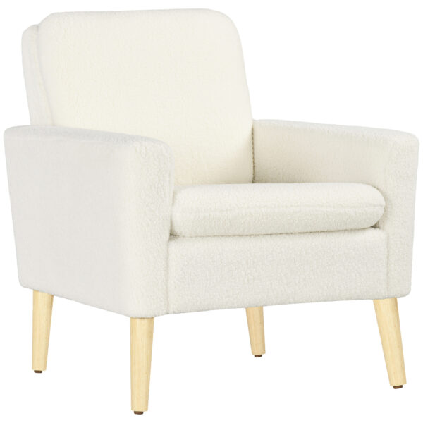 HOMCOM Modern Armchair, Upholstered Accent Chair with Wood Legs and Wide Padded Seat, Teddy Occasional Chair, Cream White Aosom UK