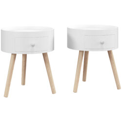 HOMCOM Modern Side Table, Small Coffee Table, Round Bedside Table with Drawer and Wood Legs for Living Room, Bedroom, Set of 2, White Aosom UK