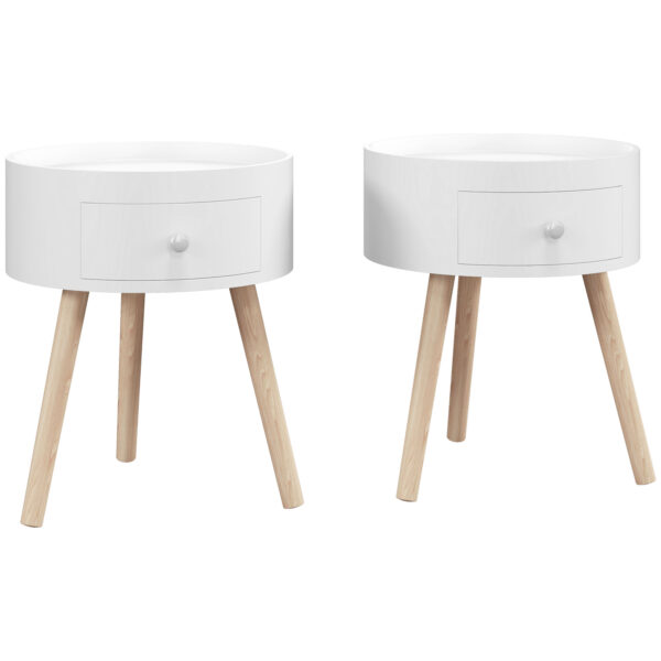 HOMCOM Modern Side Table, Small Coffee Table, Round Bedside Table with Drawer and Wood Legs for Living Room, Bedroom, Set of 2, White Aosom UK