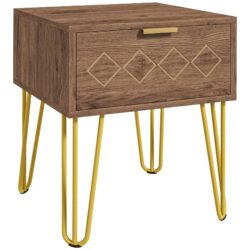 HOMCOM Modern Wooden Bedside Table with Drawer, Stylish Sofa Side Table with Gold Tone Metal Legs for Bedroom or Living Room Aosom UK