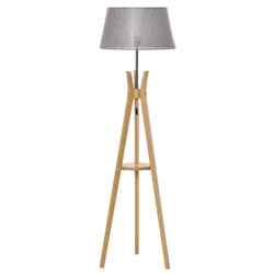 HOMCOM Natural Wood Tripod Floor Lamp Light E27 Base Bedroom Living Room Fabric Shade Storage Shelf Foot Switch, 156cm, Grey Aosom UK