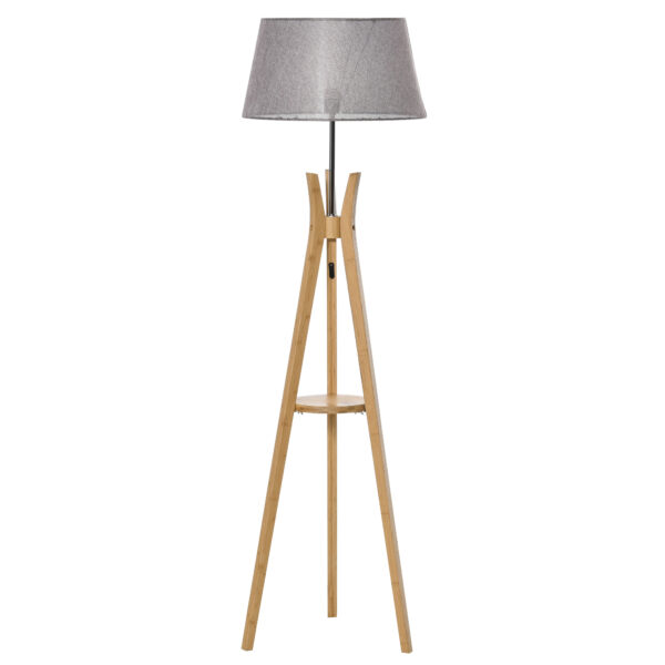HOMCOM Natural Wood Tripod Floor Lamp Light E27 Base Bedroom Living Room Fabric Shade Storage Shelf Foot Switch, 156cm, Grey Aosom UK