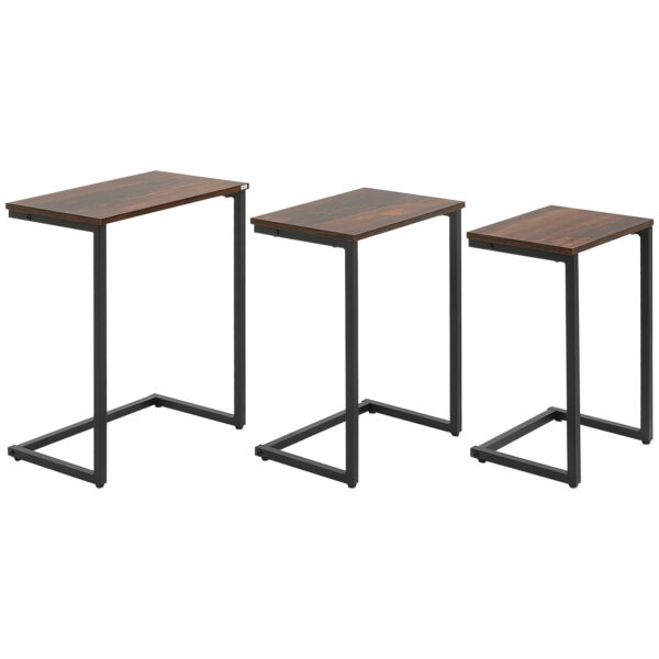 HOMCOM Nesting Side Tables Set of 3, C-Shaped Snack Side Tables with Steel Frame for Sofa Couch and Bed, Rustic Brown Aosom UK