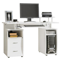 HOMCOM Office PC Desk, Computer Table Workstation with Keyboard Tray, CPU Shelf, Drawers, Sliding Scanner Shelf, White Aosom UK