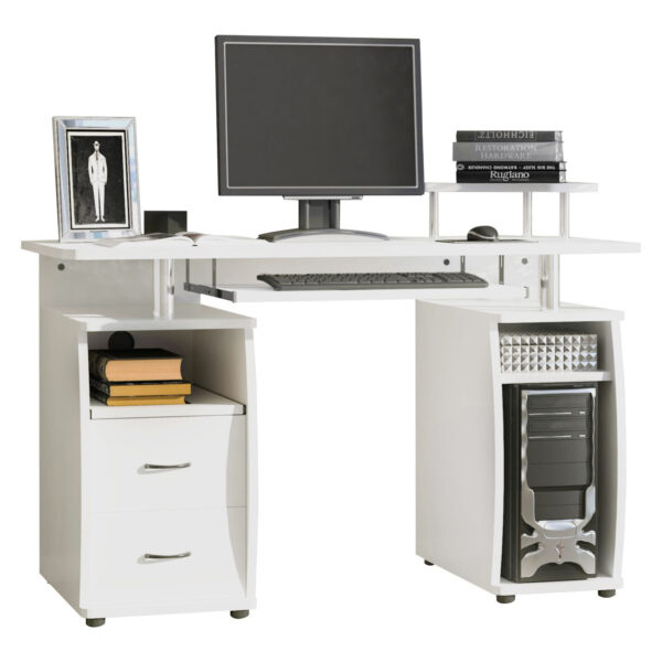 HOMCOM Office PC Desk, Computer Table Workstation with Keyboard Tray, CPU Shelf, Drawers, Sliding Scanner Shelf, White Aosom UK