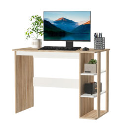 HOMCOM Office Table with 3-Tier Storage Shelf, Desk with Shelves for Home Office, Study, Living Room, Computer Desk, Oak & White Aosom UK