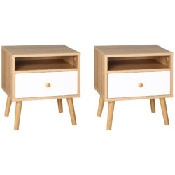 HOMCOM Pair of Natural Bedside Tables with Drawer and Shelf, Contemporary Nightstands, End Tables for Bedroom, Living Room, Natural. Aosom UK