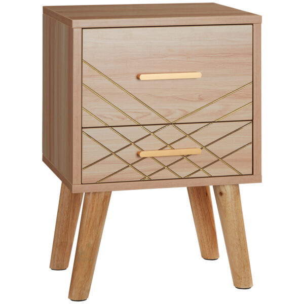 HOMCOM Scandinavian Bedside Cabinet with Drawers, Bedside Table with Wood Legs for Bedroom, Natural Aosom UK