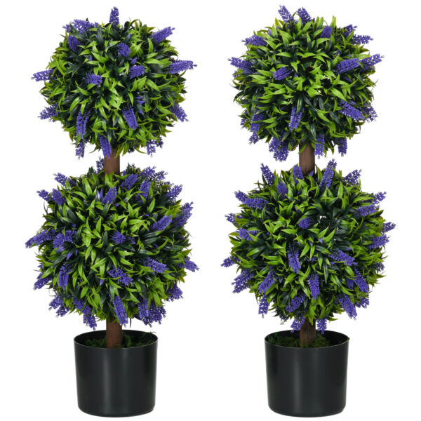 HOMCOM Set of 2 Artificial Plants, Lavender Flowers Ball Trees with Pot, for Home Indoor Outdoor Decor, 70cm Aosom UK