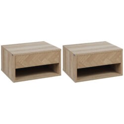 HOMCOM Set of 2 Bedside Tables, Wall Mounted Nightstand with Drawer and Shelf, Compact Bedroom Furniture, 37 x 32 x 21cm, Natural Aosom UK