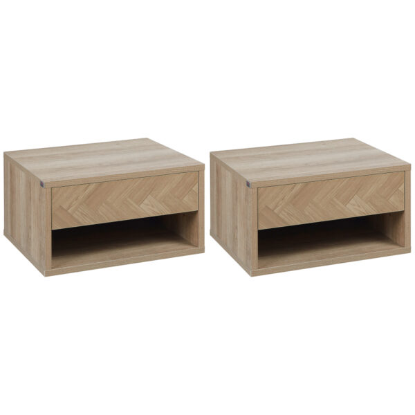 HOMCOM Set of 2 Bedside Tables, Wall Mounted Nightstand with Drawer and Shelf, Compact Bedroom Furniture, 37 x 32 x 21cm, Natural Aosom UK
