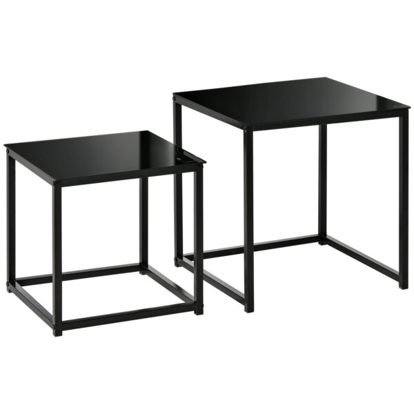 HOMCOM Set of 2 Nesting Side Tables, Modern Bedside Tables with Tempered Glass Top for Living Room, Bedroom, Office, Black