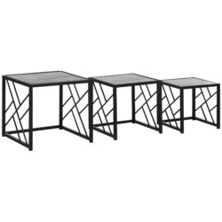 HOMCOM Set of 3 Nest of Tables, Square Side Tables with Black Metal Frame, for Living Room, Bedroom and Office, Grey