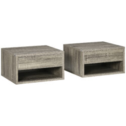 HOMCOM Set of Two Floating Bedside Tables Wall Mounted Nightstands with Drawer and Shelf for Bedroom, Brown Wood-Effect Aosom UK