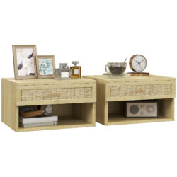 HOMCOM Set of Two Rattan Panel Floating Bedside Tables - Wood-Effect Aosom UK