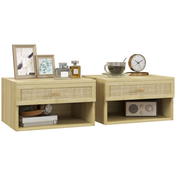 HOMCOM Set of Two Rattan Panel Floating Bedside Tables - Wood-Effect Aosom UK