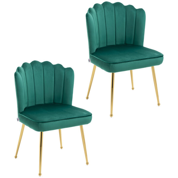 HOMCOM Shell Luxe Velvet Accent Chair, Modern Living Room Chair with Gold Metal Legs for Living Room, Bedroom, Home Office, Set of 2, Green Aosom UK