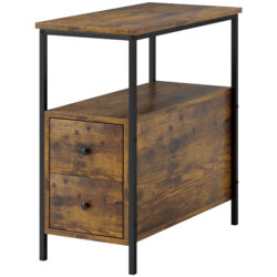 HOMCOM Side Table with 2 Drawers and Storage Shelf, Narrow End Table Bedside Table with Metal Frame for Small Spaces, Rustic Brown Aosom UK