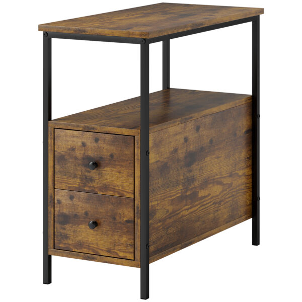 HOMCOM Side Table with 2 Drawers and Storage Shelf, Narrow End Table Bedside Table with Metal Frame for Small Spaces, Rustic Brown Aosom UK