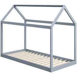 HOMCOM Single Bed Base with House Scandinavian Style, Wooden Bed Frame for 90W x 190Dcm Mattress, Grey Aosom UK