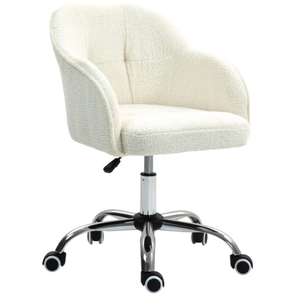 HOMCOM Swivel Armchair withTall Back, Teddy Fleece Office Chair, Makeup Vanity Chair with Height Adjustable, Wheels, Cream White Aosom UK