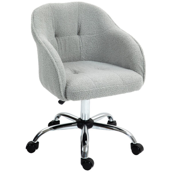 HOMCOM Swivel Armchair withTall Back, Teddy Fleece Office Chair, Makeup Vanity Chair with Height Adjustable, Wheels, for Home Study, Grey Aosom UK