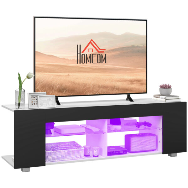 HOMCOM TV Stand, 145cm Modern TV Unit with Glass Shelves, RGB LED Light for 32 40 43 50 52 55 60 inch 4k TV, Black Aosom UK