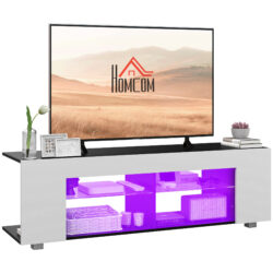HOMCOM TV Stand, 145cm Modern TV Unit with Glass Shelves, RGB LED Light for 32 40 43 50 52 55 60 inch 4k TV, White