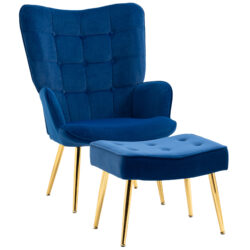 HOMCOM Upholstered Armchair w/ Footstool Set, Modern Button Tufted Accent Chair w/ Gold Tone Steel Legs, Wingback Chair, Dark Blue Aosom UK
