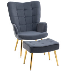 HOMCOM Upholstered Armchair w/ Footstool Set, Modern Button Tufted Accent Chair w/ Steel Legs, Wingback Chair for Living Room, Dark Grey Aosom UK