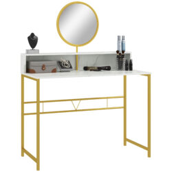 HOMCOM Vanity Dressing Table with Round Mirror, Modern Makeup Desk with Open Storage, Faux Marble & Steel Frame for Bedroom, White Aosom UK