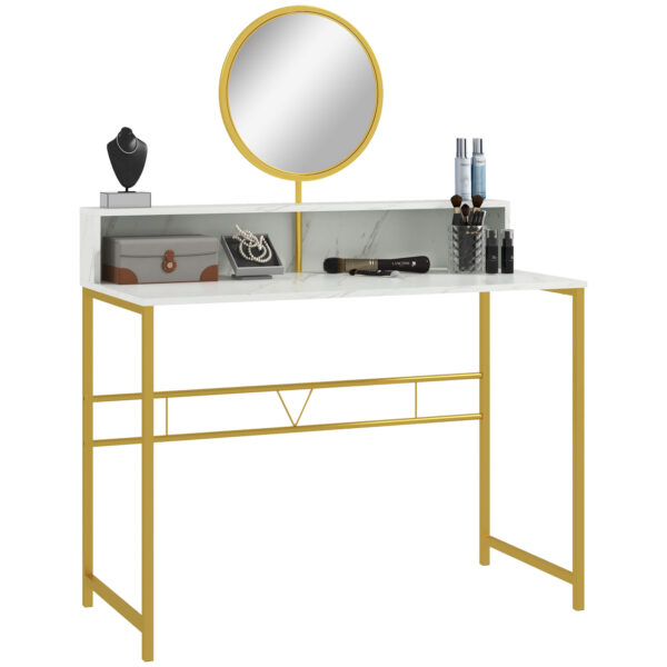 HOMCOM Vanity Dressing Table with Round Mirror, Modern Makeup Desk with Open Storage, Faux Marble & Steel Frame for Bedroom, White Aosom UK