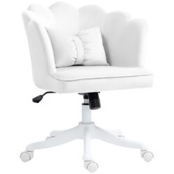 HOMCOM Velvet Office Chair with Petal Shell Back and Lumbar Pillow, Armless Desk Chair with Wide Seat and Tilt Function, Height Adjustable Swivel Makeup Vanity Chair for Bedroom, White