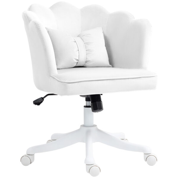 HOMCOM Velvet Office Chair with Petal Shell Back and Lumbar Pillow, Armless Desk Chair with Wide Seat and Tilt Function, Height Adjustable Swivel Makeup Vanity Chair for Bedroom, White