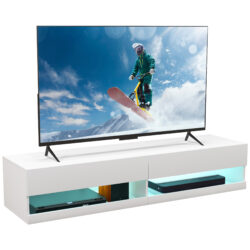 HOMCOM Wall Mounted TV Unit Cabinet for TVs up to 65" with LED Lights, 150 x 40 x 30cm, High Gloss White Aosom UK