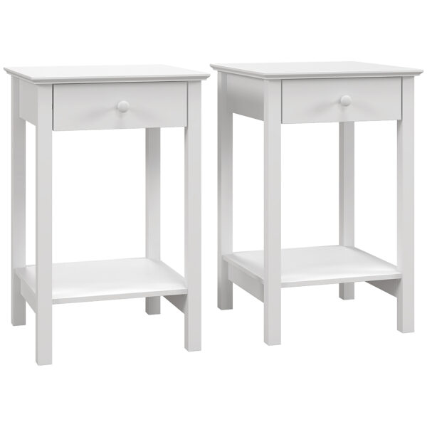 HOMCOM White Bedside Table, Wooden Side Table, Nightstand, Bedside Cabinet with Drawer and Storage Shelf for Bedroom, Set of 2 Aosom UK