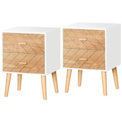 HOMCOM Wooden Bedside Table Set: 2 Nightstands with Drawers & Pine Legs, Natural Wood Storage Aosom UK